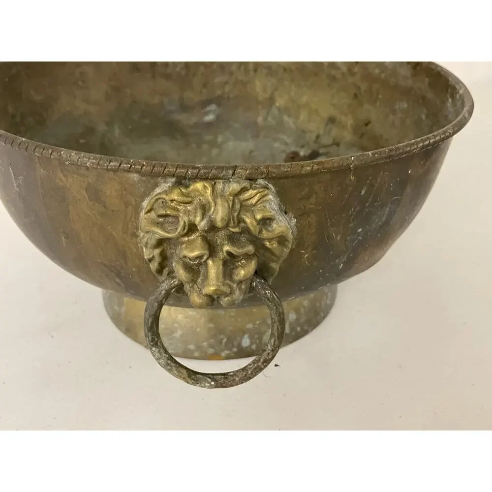 Old Antique/Vintage Middle Eastern Copper Etched Footed Bowl Lion Head Ring