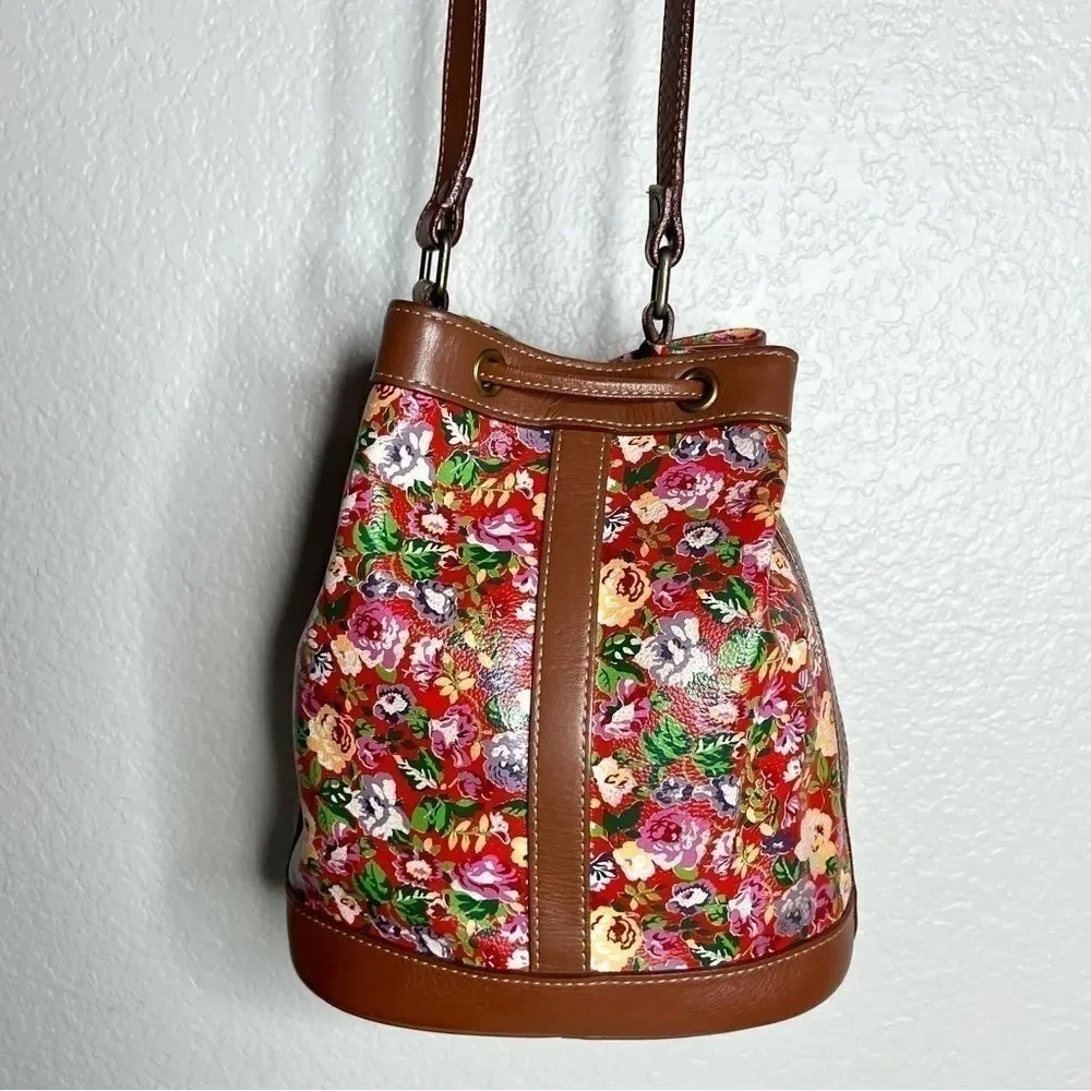 Vintage Kenzo Red Leather Floral Drawstring Bucket Bag Crossbody Chic Girly