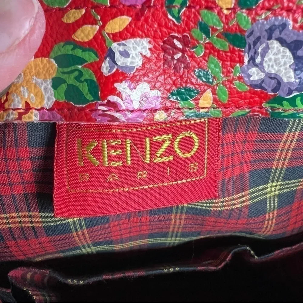Vintage Kenzo Red Leather Floral Drawstring Bucket Bag Crossbody Chic Girly