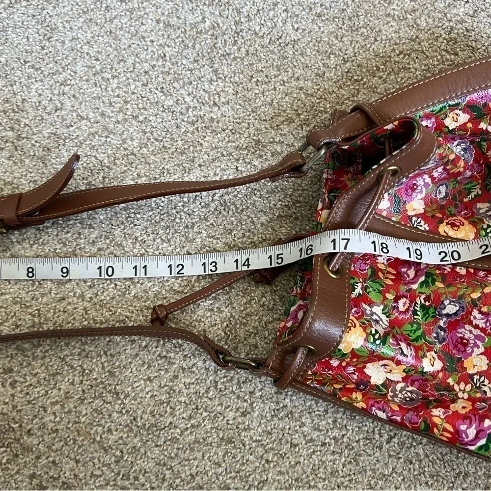 Vintage Kenzo Red Leather Floral Drawstring Bucket Bag Crossbody Chic Girly