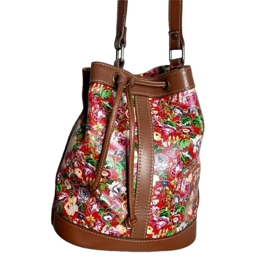 Vintage Kenzo Red Leather Floral Drawstring Bucket Bag Crossbody Chic Girly