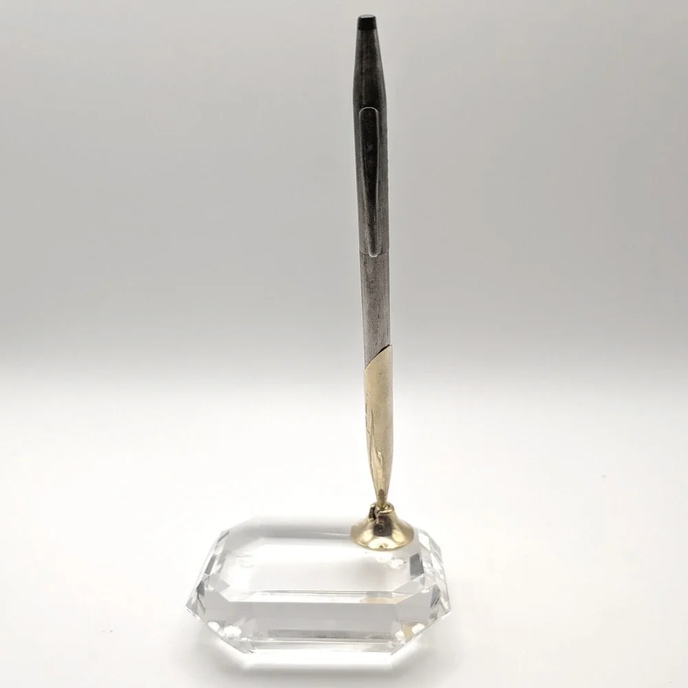 Asfour Crystal Emerald Cut Desk Pen Holder Gold-tone Swivel Base Fits Cross Pens