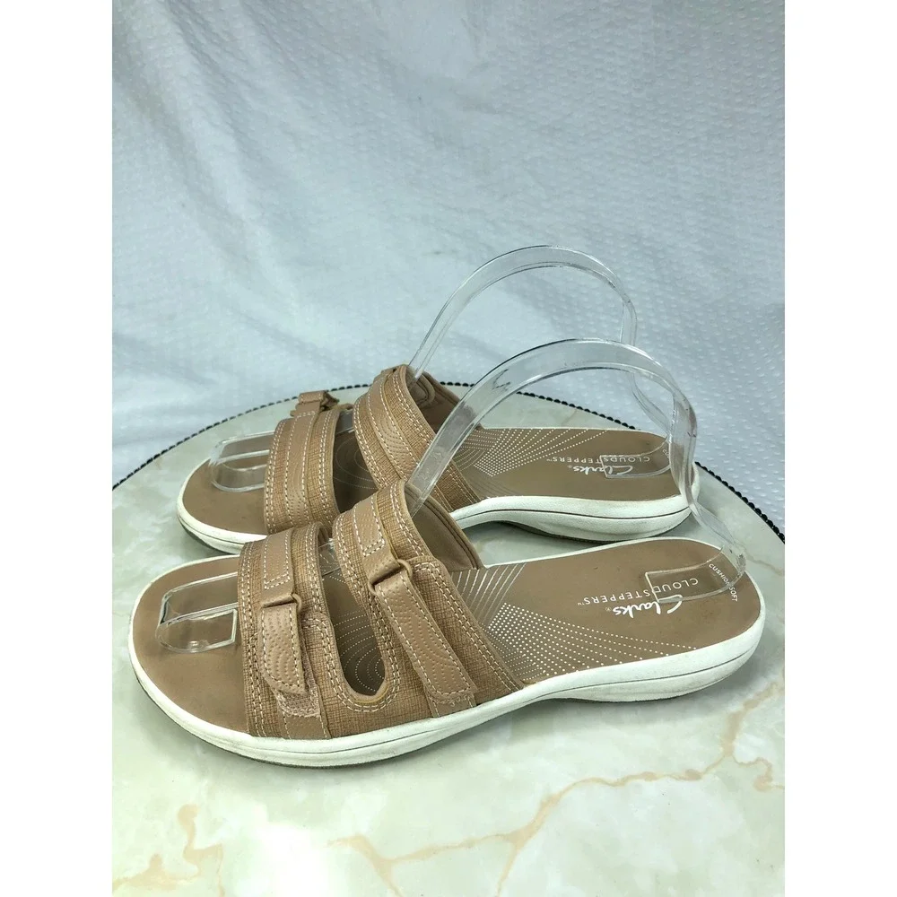 Clarks Cloudsteppers Slide Sandals Women 8 Tan Adjustable Straps Summer Comfort