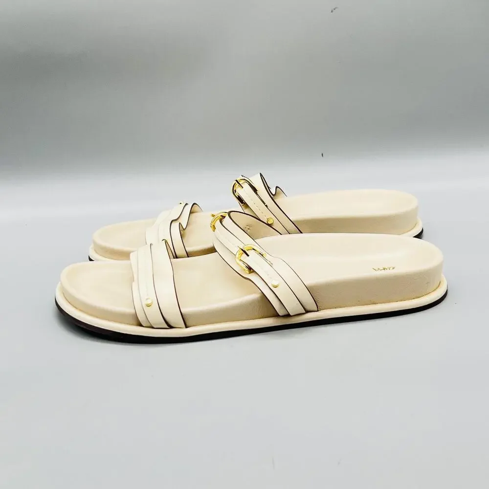 Zara Sandals Womens 9 Off White Synthetic Strappy Buckle Slide Flat Shoes