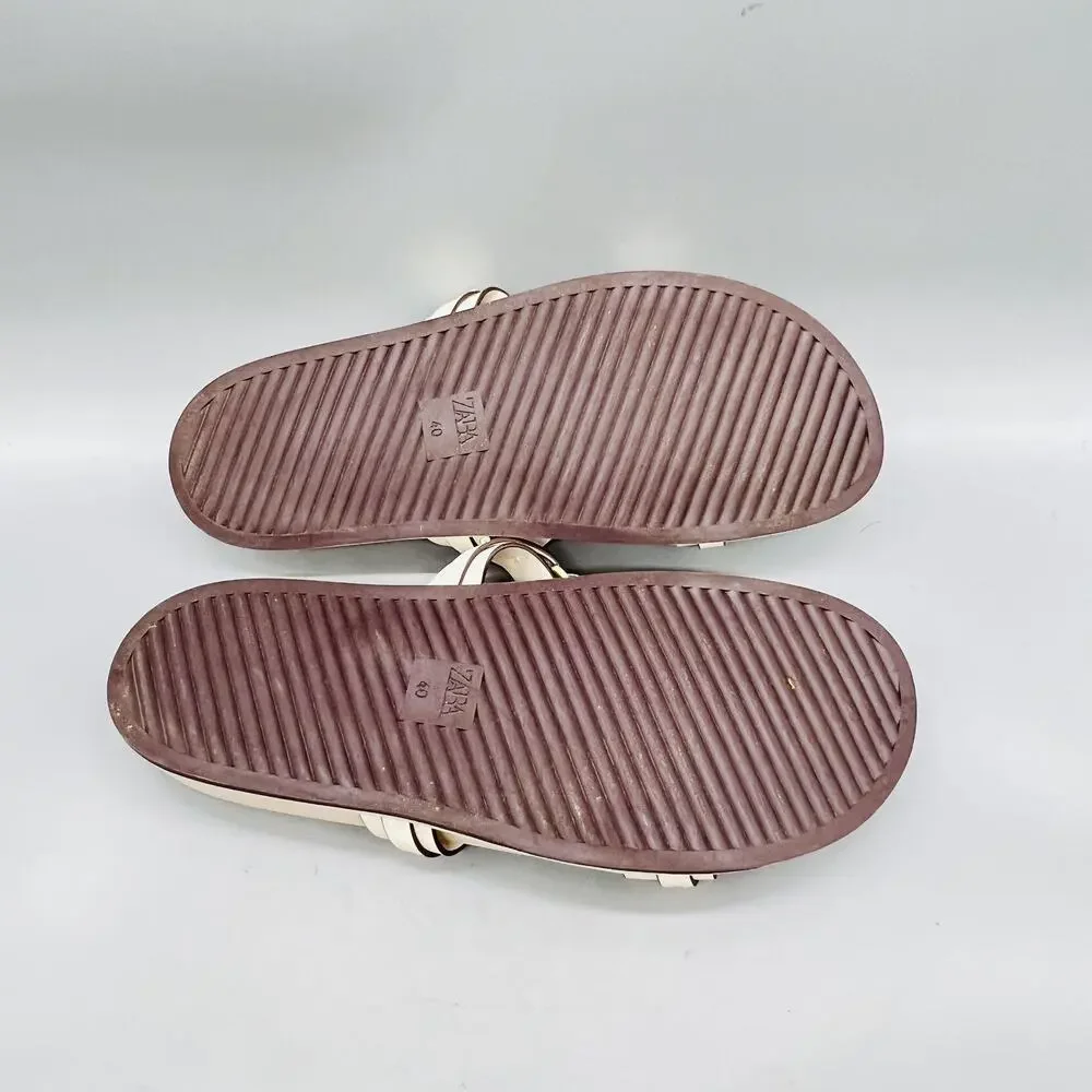 Zara Sandals Womens 9 Off White Synthetic Strappy Buckle Slide Flat Shoes