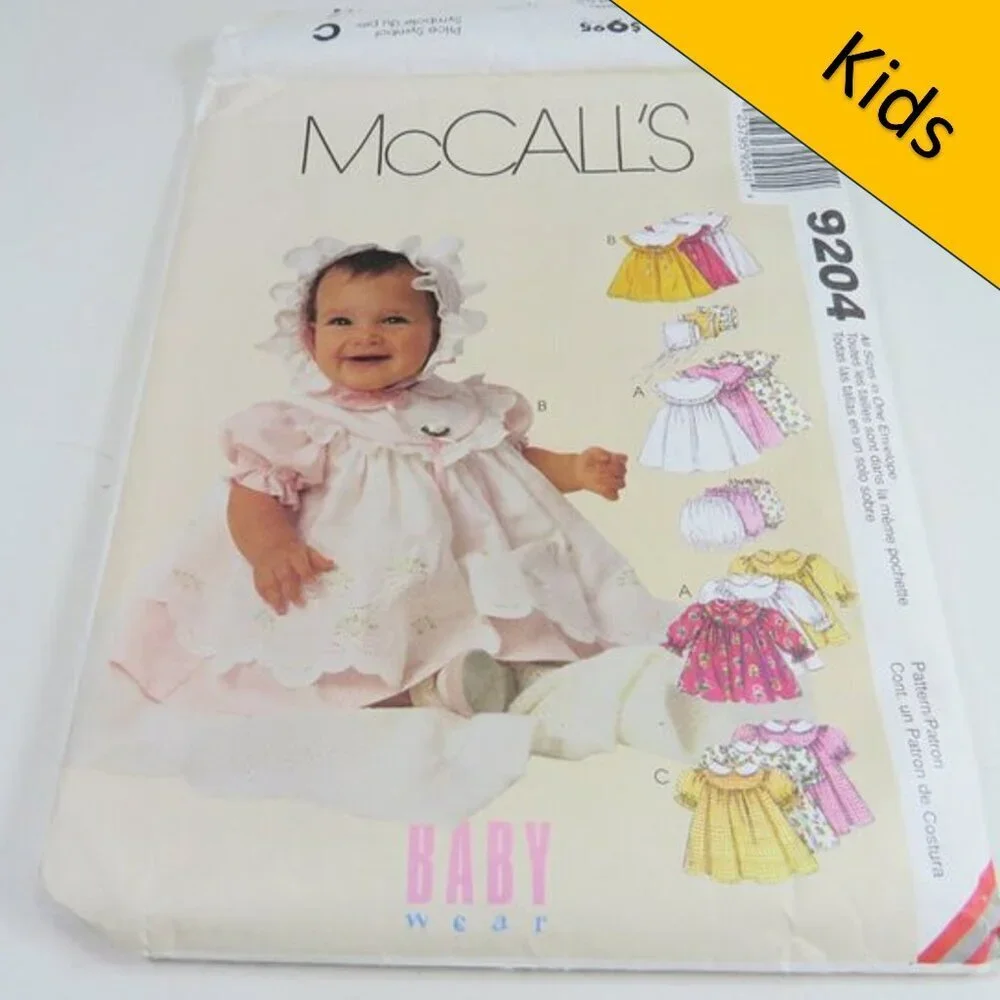 McCalls 9204 Sewing Clothing Pattern NEW BORN size Pinafore Dress, Bonnet, etc.