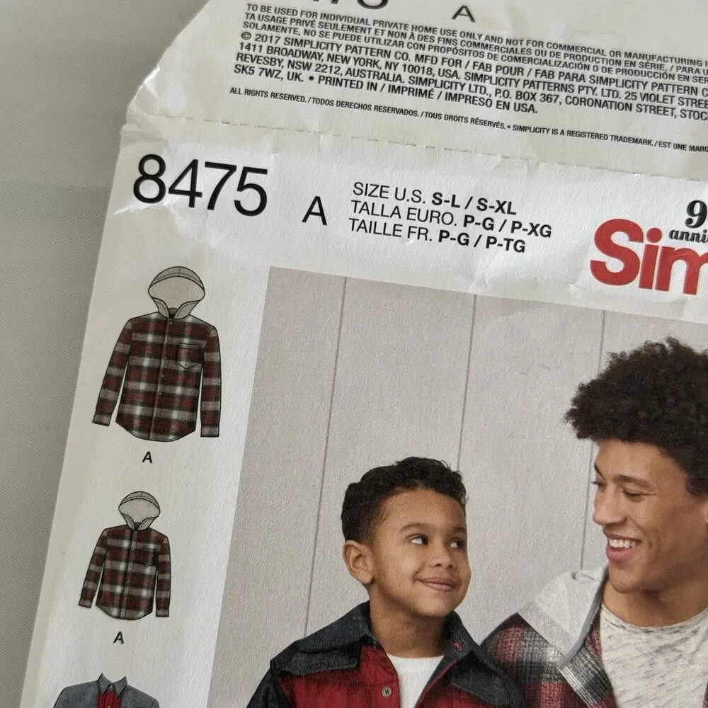 Simplicity Sewing Pattern 8475 Dad & Me Shirt Jacket Hooded Mens 34-48 Boys S-L