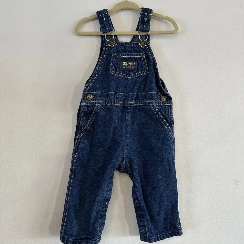 VTG Baby Boys Osh Kosh B'Gosh Bib Overalls Dark‎ Wash Denim Blue 18 Mos 90's