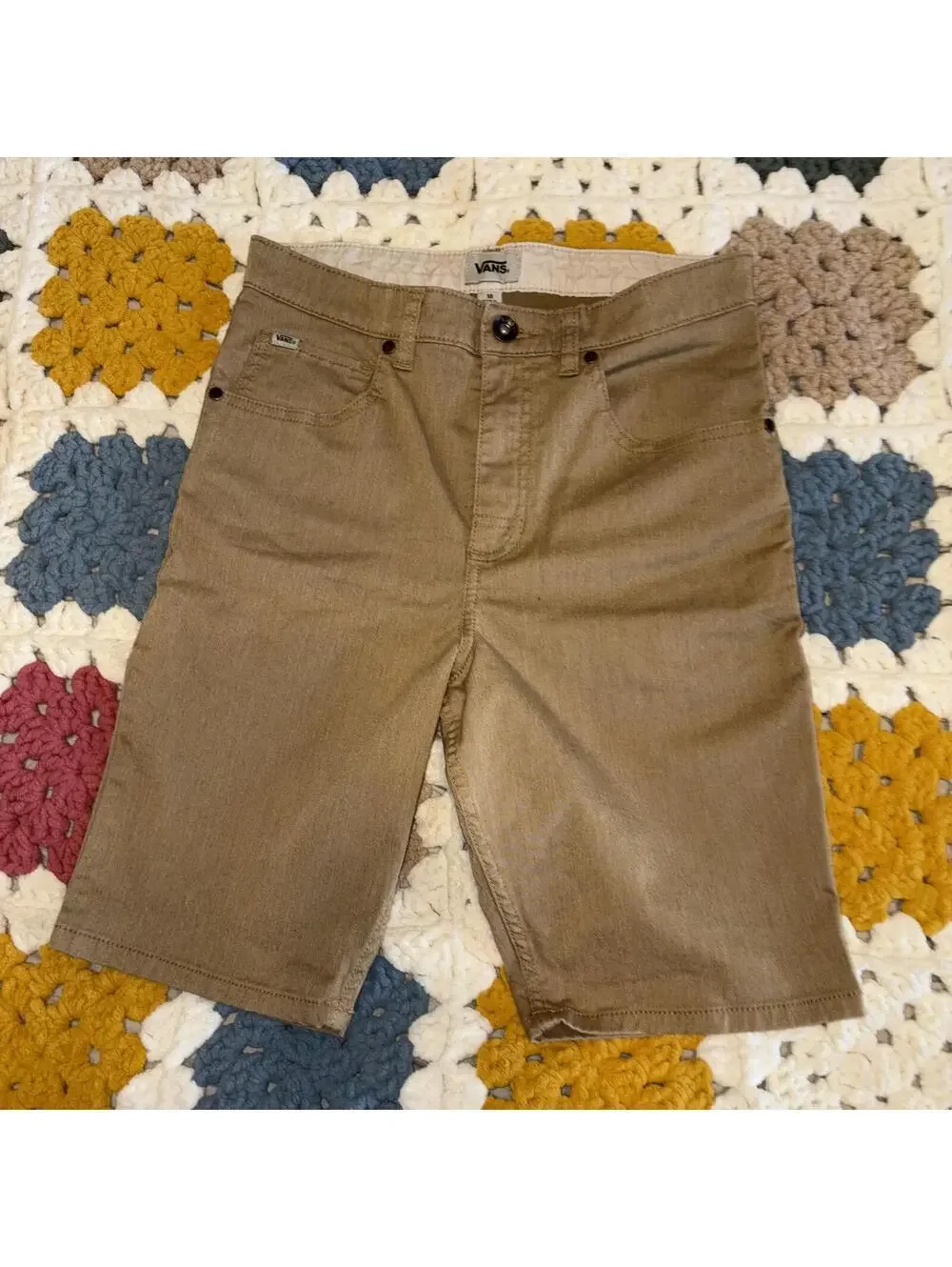 Vans “Off The Wall” Khaki Denim Shorts Summer Boys Size 18 Zip Closure