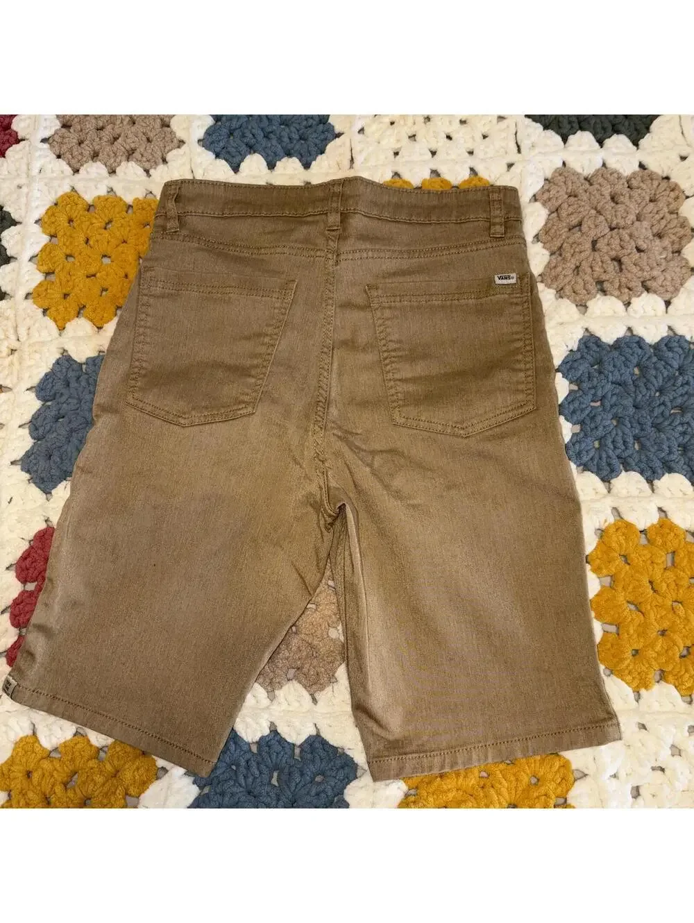 Vans “Off The Wall” Khaki Denim Shorts Summer Boys Size 18 Zip Closure
