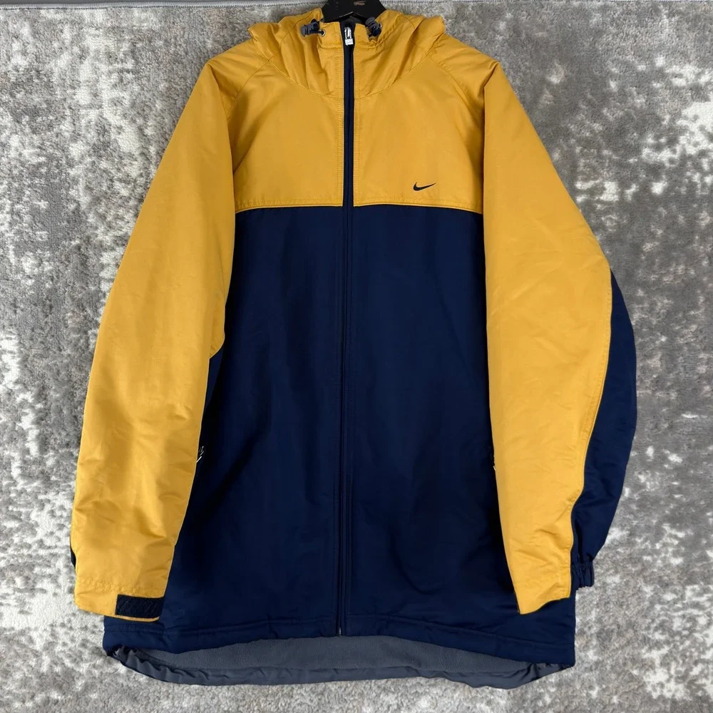 Nike Size XXL Colorblock Fleece Lined Hooded Windbreaker Jacket Yellow Navy Mens