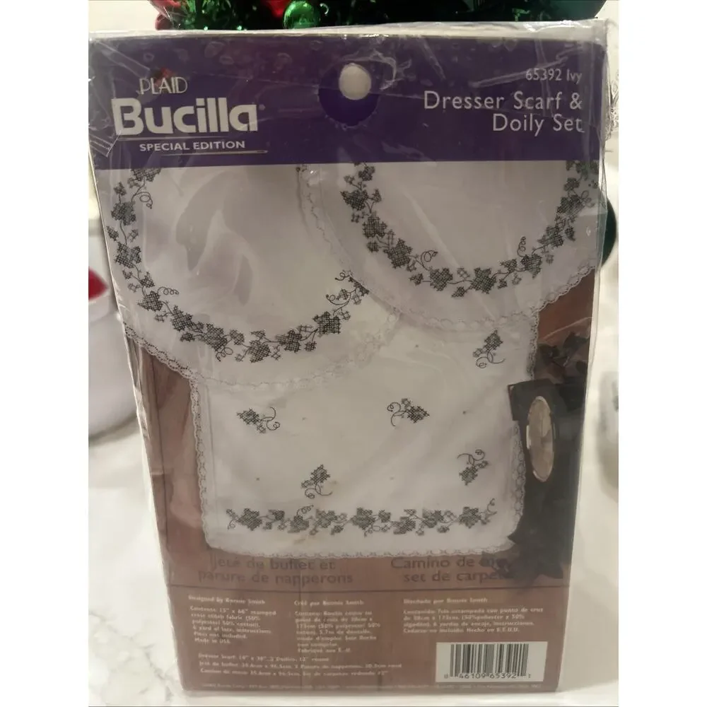 Vtg Bucilla Ivy Dresser Scarf‎ 2 Doily Cross Stitch Lace Set 65392 Stamped NEW
