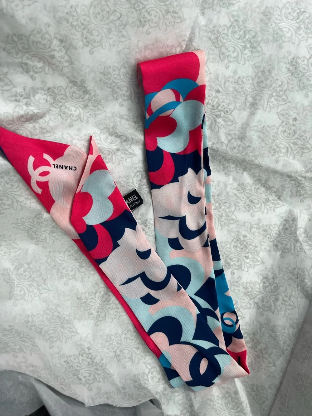 Authentic Chanel  Blue Red Flower Maxi Twilly, Necktie or purse Scarf Silk