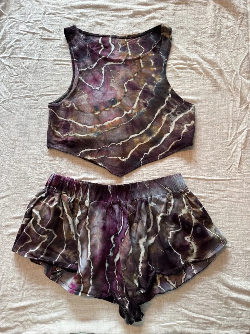 Hand dyed Tie-Dye Purple High-Neck Crop Top & Shorts Set - Women