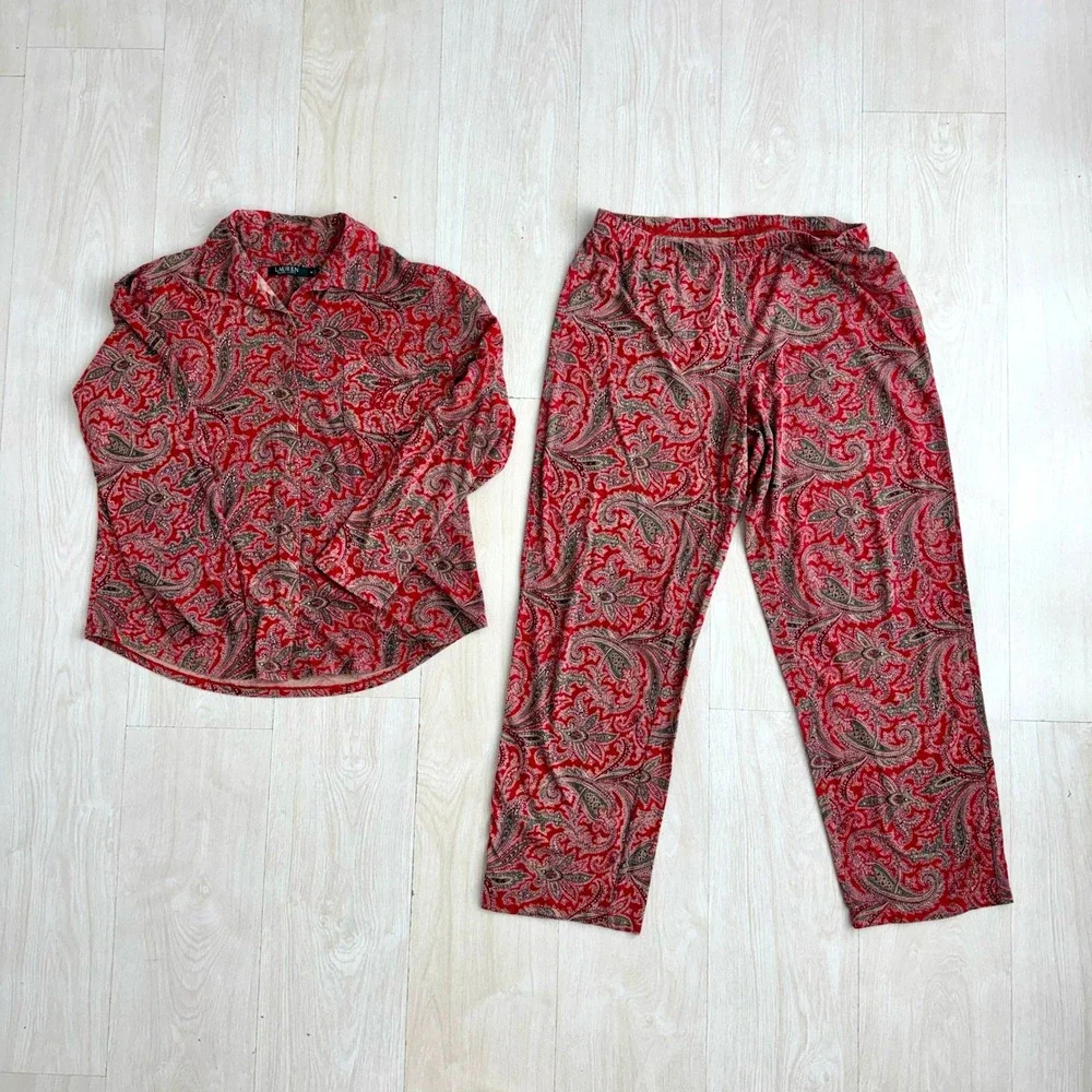 Lauren Ralph Lauren Womens Red Paisley‎ Pajama Set Button Down Pants Medium
