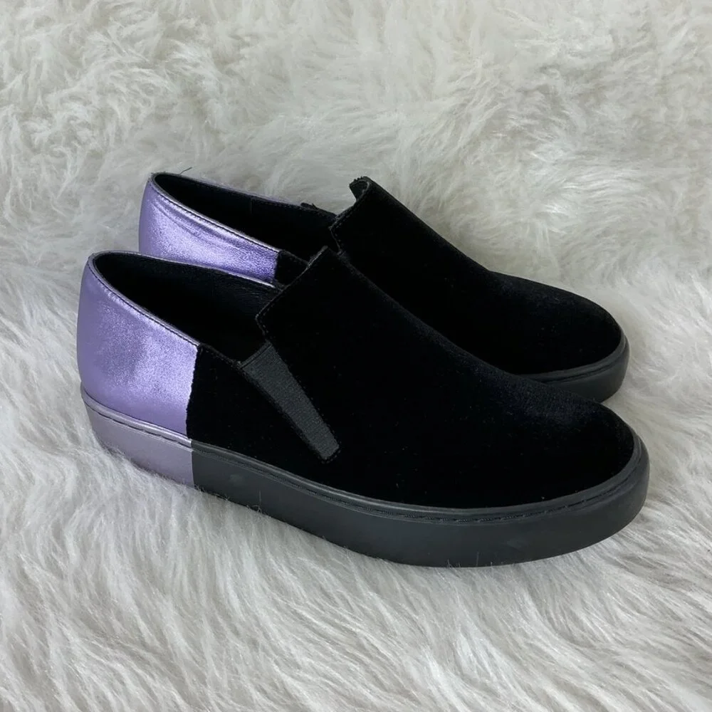 Free People Black Velvet Purple Metallic Leather Varsity Slip On Sneakers 37 US