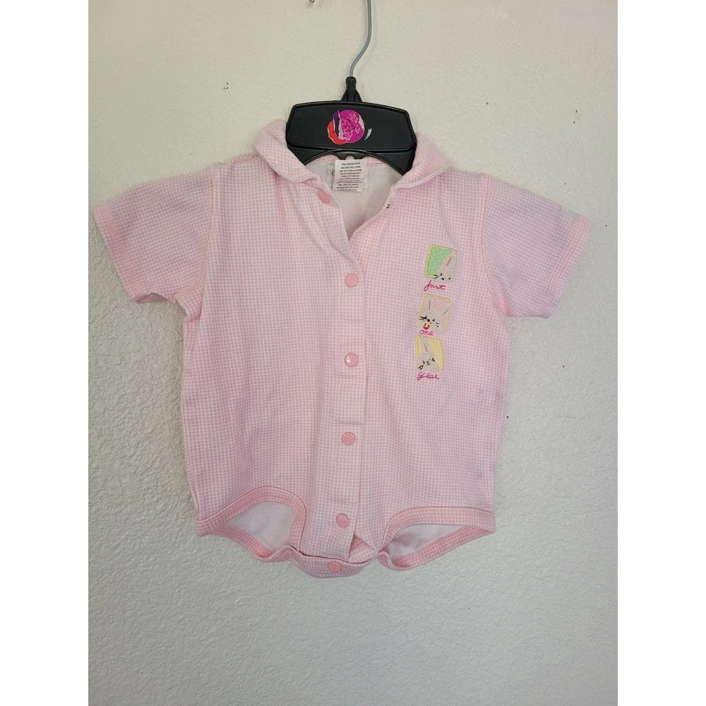 Vintage Carter's Pink Gingham Bunny Romper 3-6M Peter Pan Collar #10