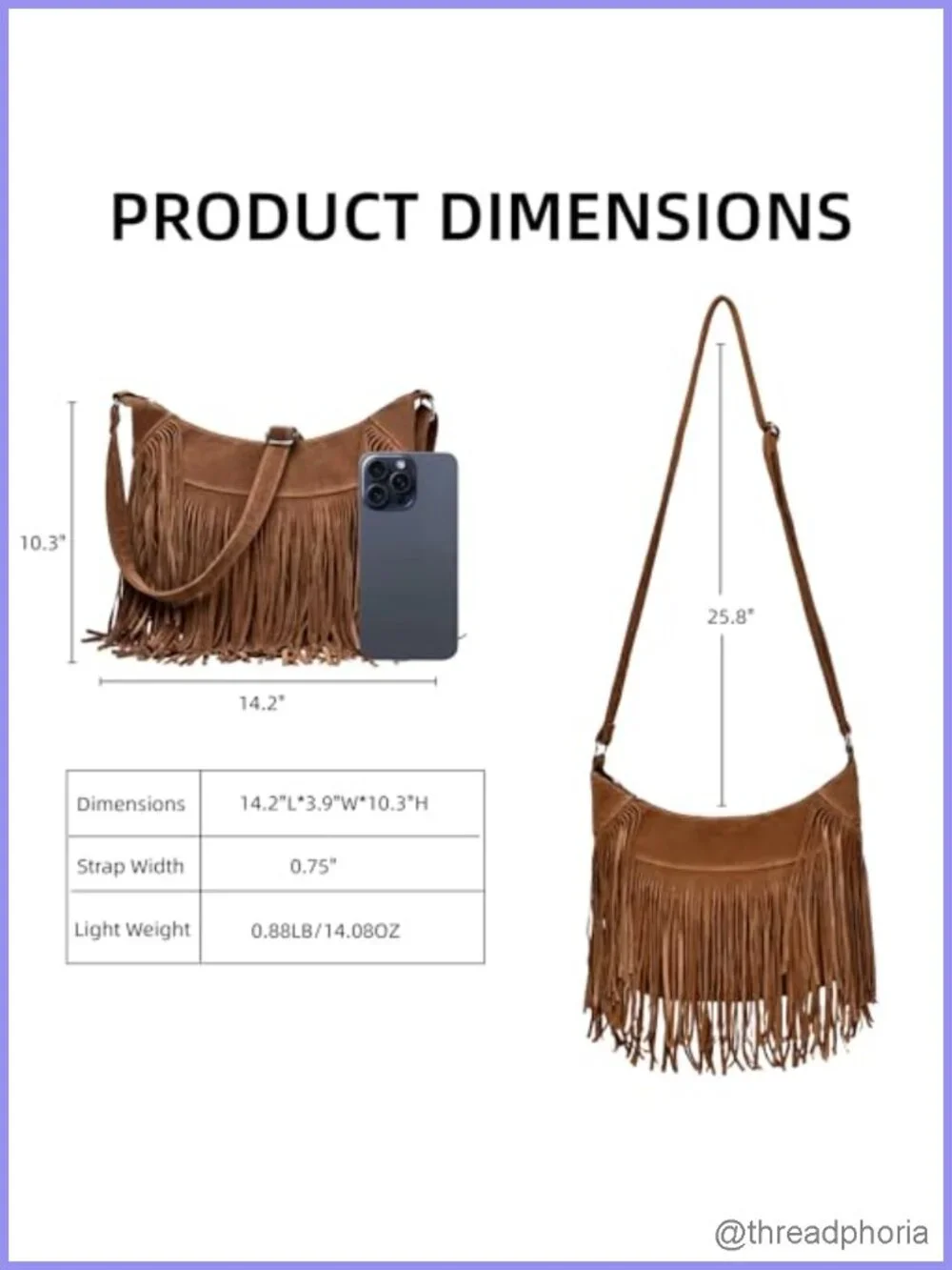 Vegan Suede Fringe Hobo Crossbody Bag with Zipper Pockets
