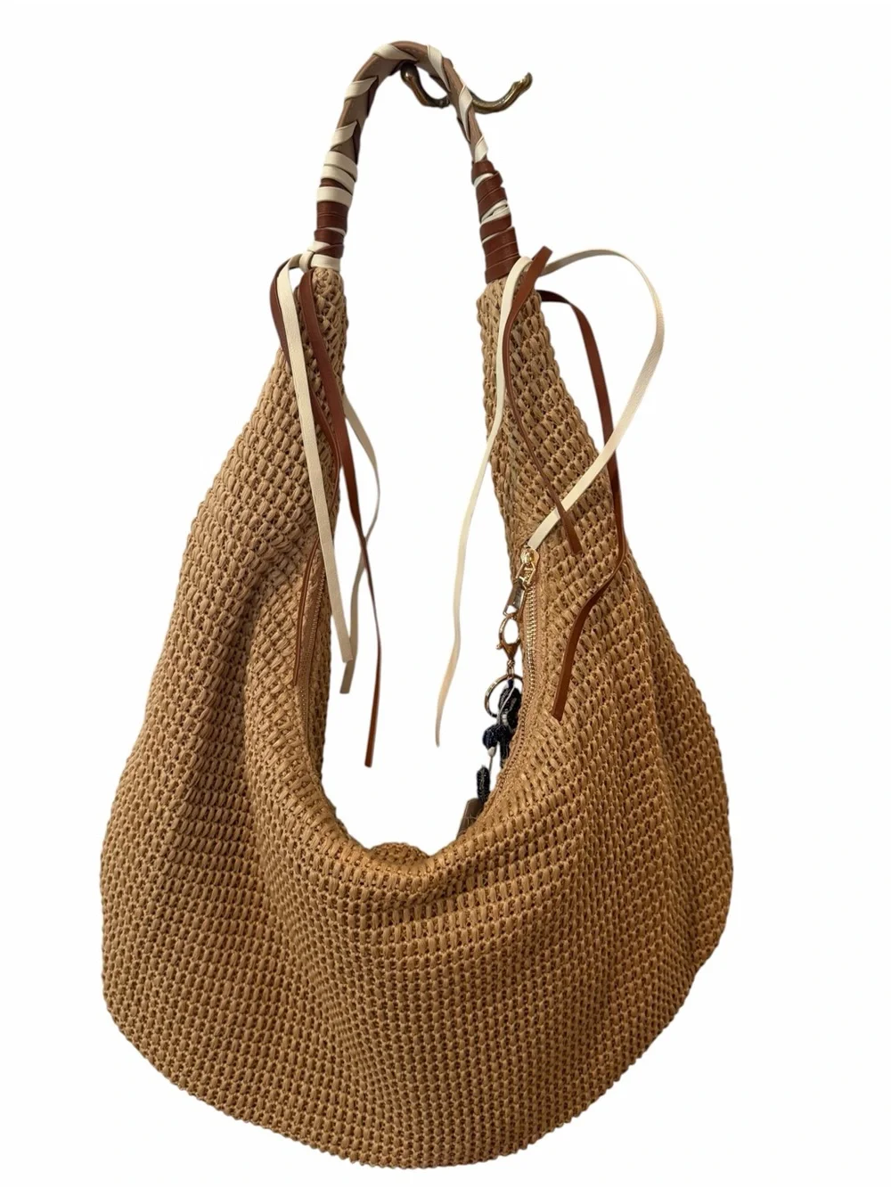 Shiraleah Chicago Tan Woven Hobo Shoulder Bag Anchor Keychain Large