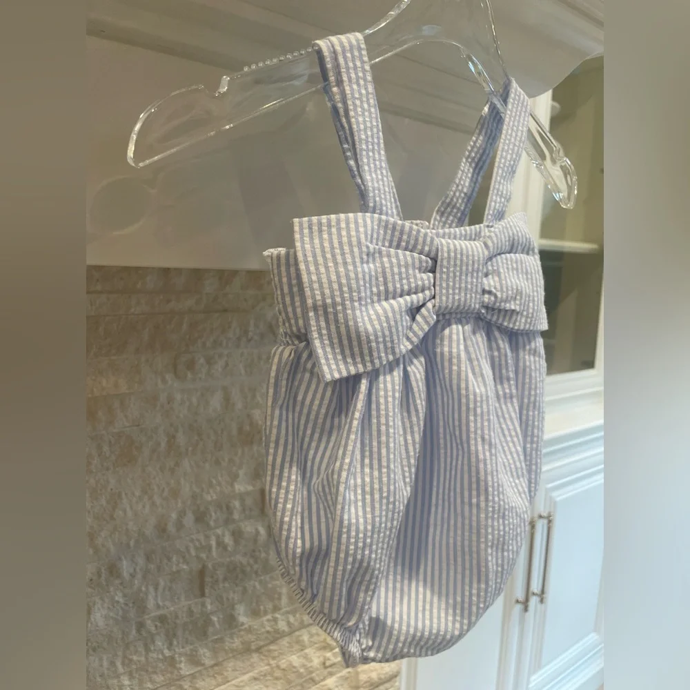Mudpie blue and White Striped Bow Baby Romper 3-6months