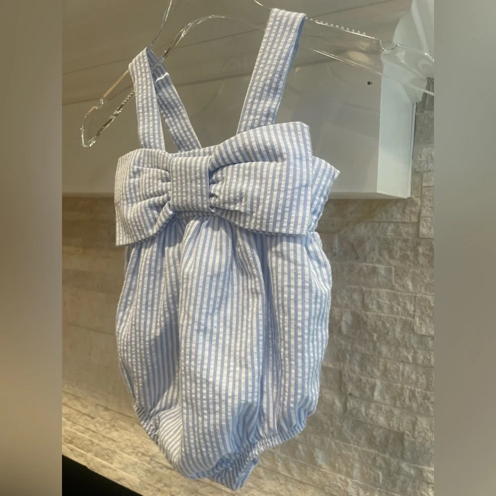 Mudpie blue and White Striped Bow Baby Romper 3-6months