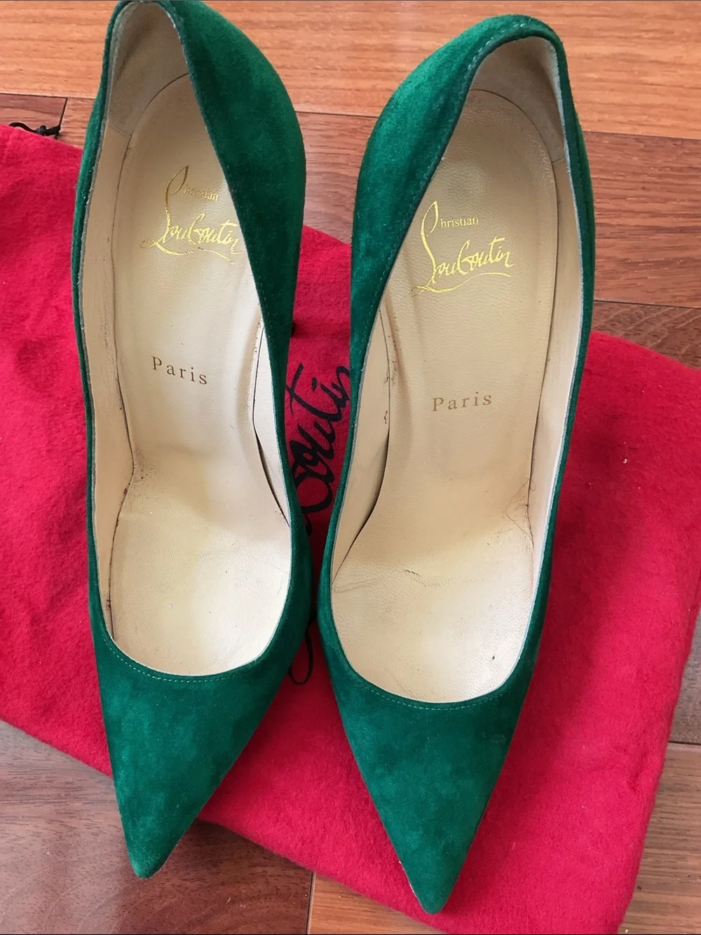 Christian Louboutin Emerald Green Suede Pointed-Toe Pumps