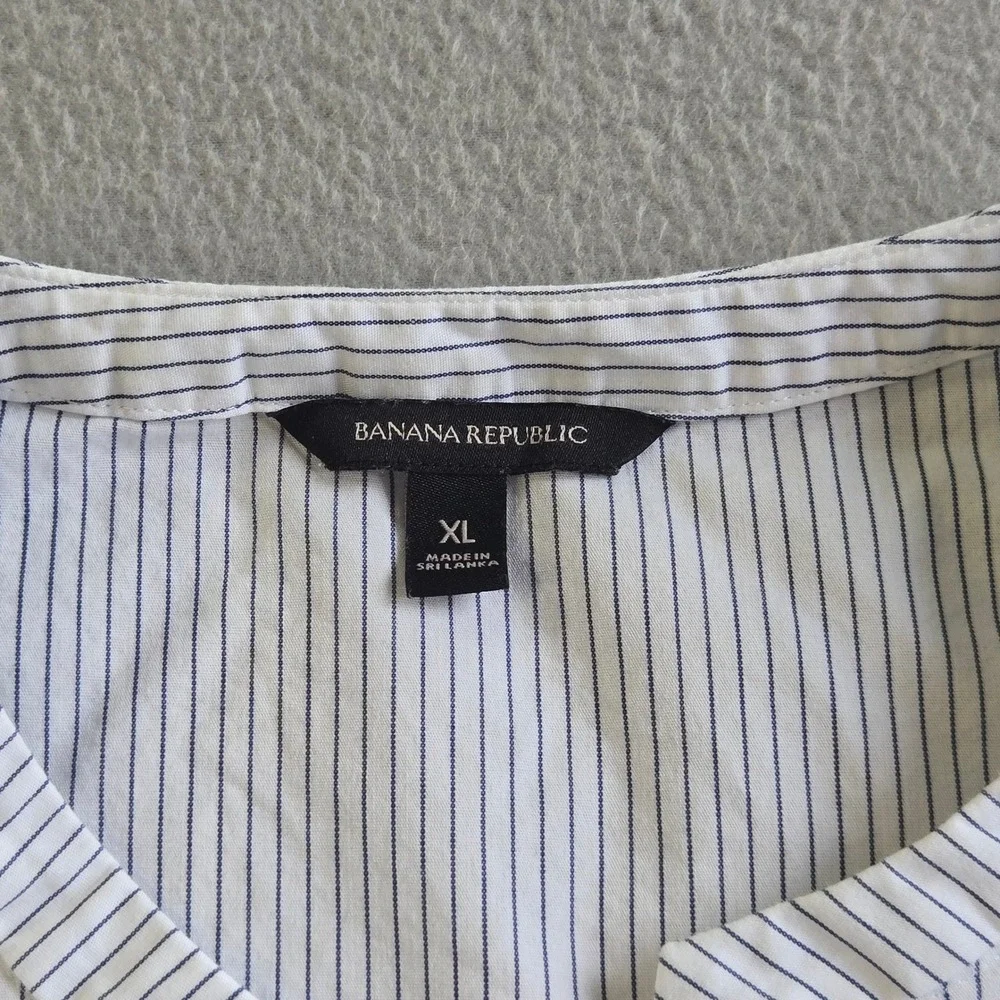 Banana‎ Republic Blouse Women XL White Blue Pinstripe Puff Sleeve Split Neck Top