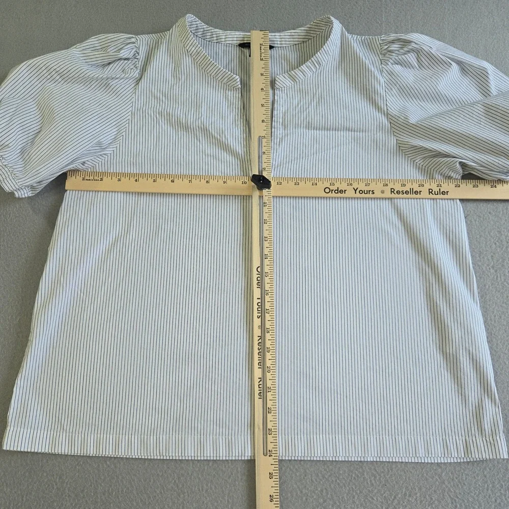 Banana‎ Republic Blouse Women XL White Blue Pinstripe Puff Sleeve Split Neck Top