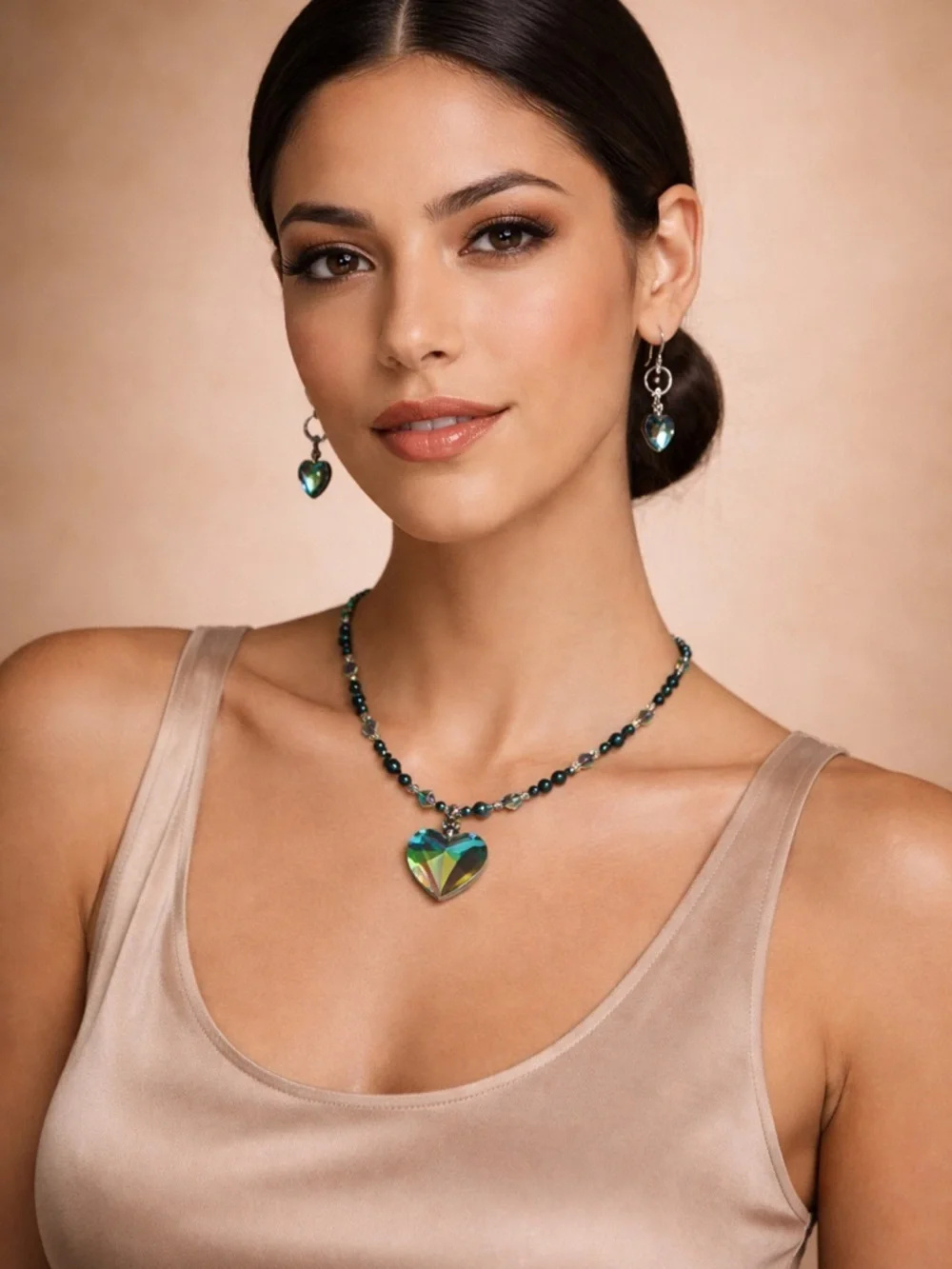 Iridescent Crystal Heart Necklace Earrings Set Y2K Glam Sparkle
