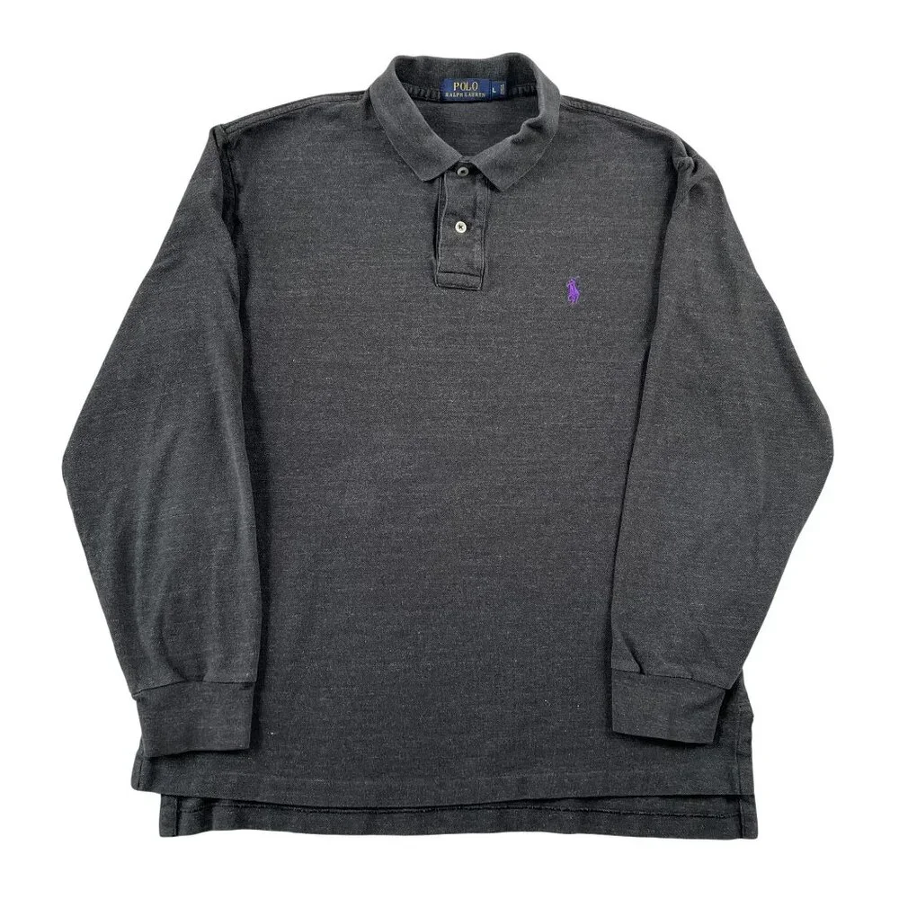 Polo Ralph‎ Lauren Long Sleeve Polo Shirt Mens Large Grey 100% Cotton Preppy