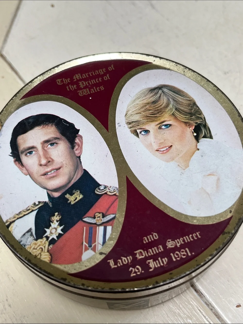 Royal Wedding Princess Diana Commemorative Round Tin - Burgundy and Gold