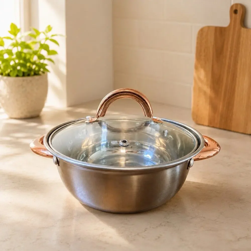 ELLE Gourmet Copper Handle Stainless Steel Covered Casserole Pot 8” Dutch Oven