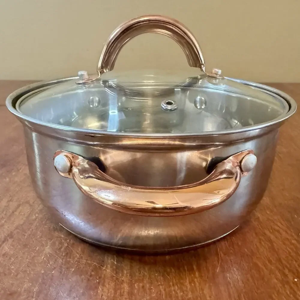 ELLE Gourmet Copper Handle Stainless Steel Covered Casserole Pot 8” Dutch Oven
