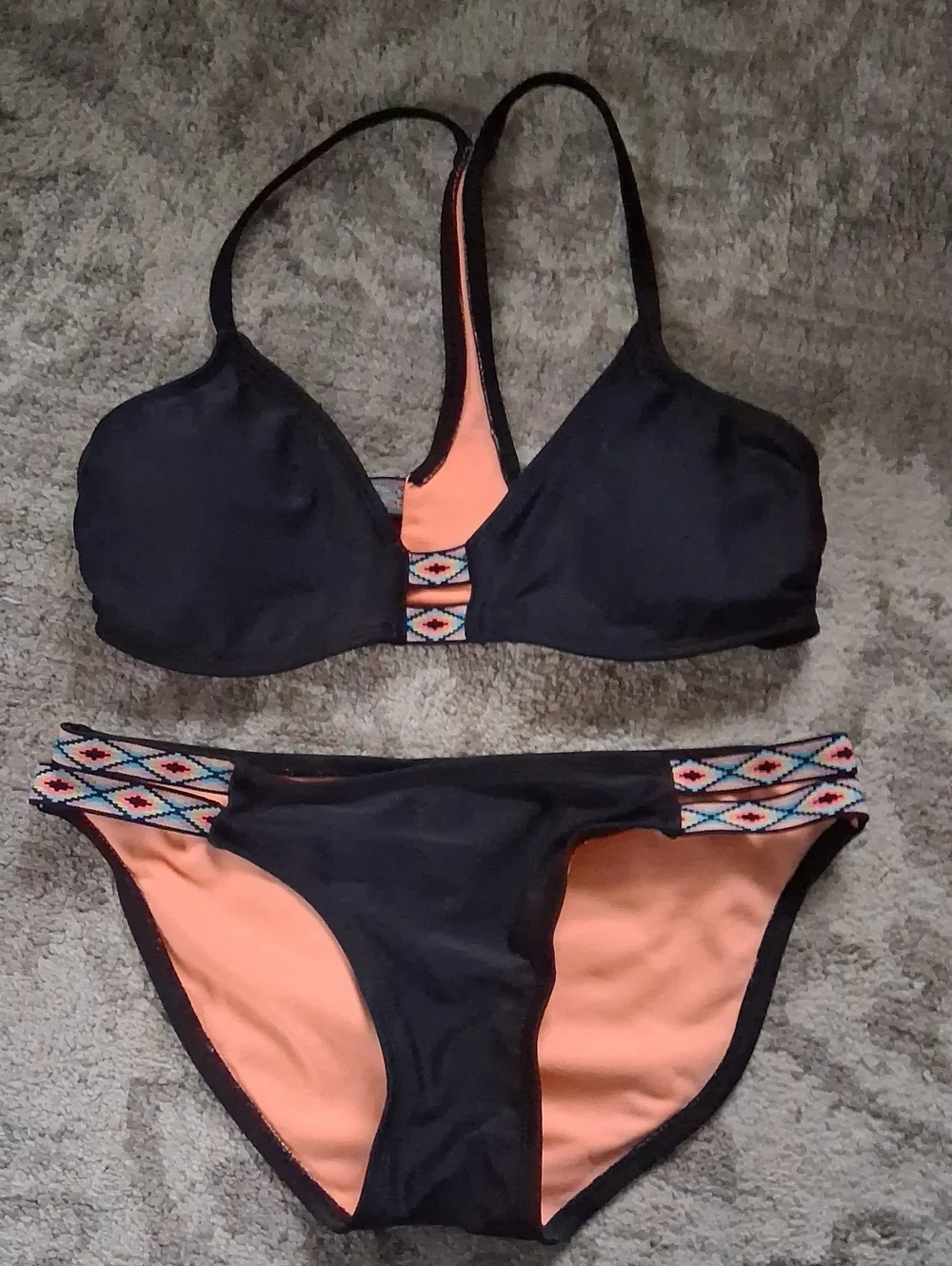 🎉2/$13 Xhilaration Black & Peach Two-Piece Bikini with Aztec Accent