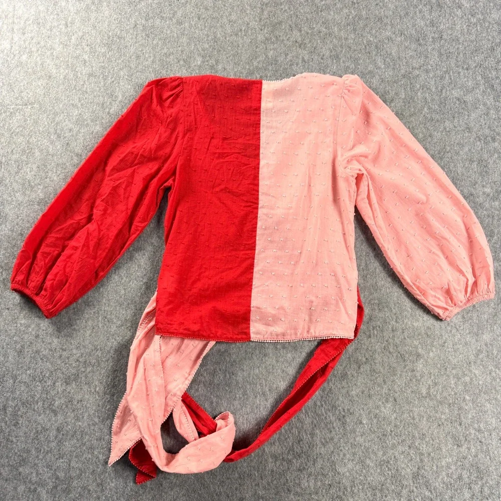 Farm Rio Anthropology Colorblock Wrap Blouse Top XS Swiss Dot Pink Red Festival