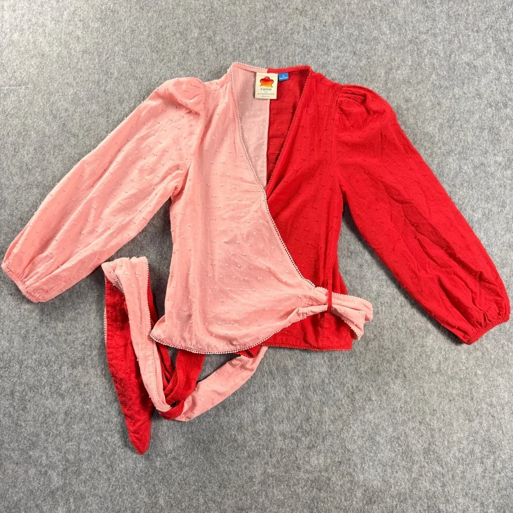 Farm Rio Anthropology Colorblock Wrap Blouse Top XS Swiss Dot Pink Red Festival