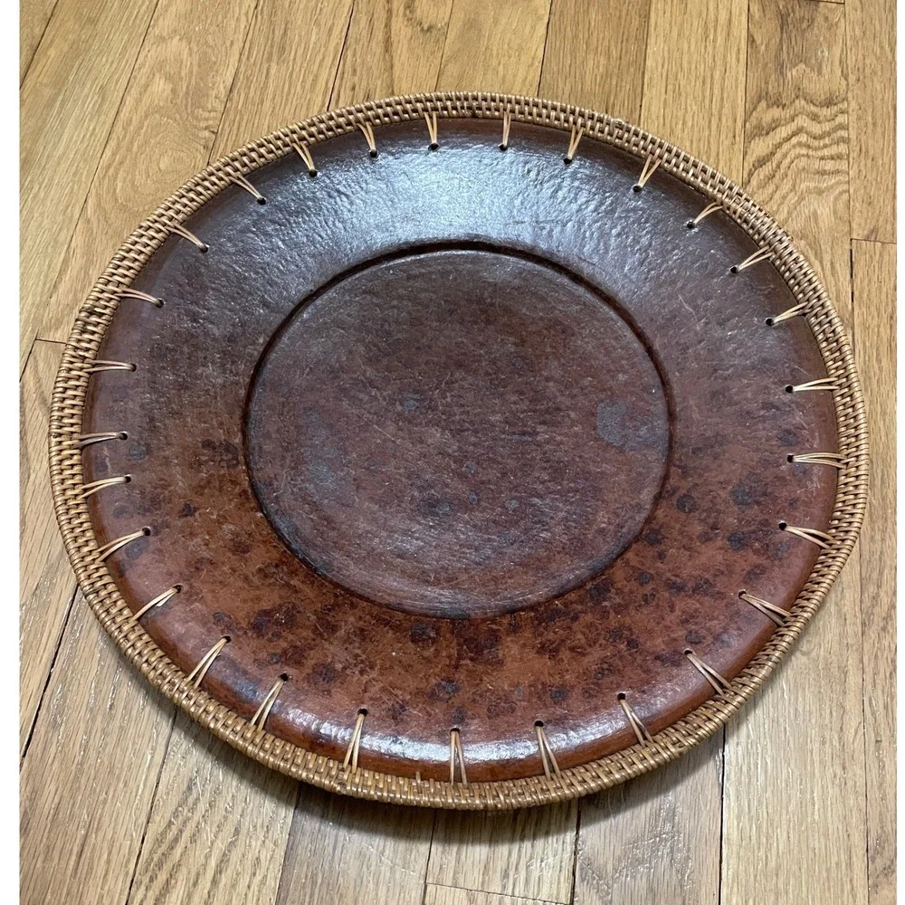 VTG‎ Peir 1 Faux Tortoise Shell Plate Charger Tray Woven Wicker Rim Decorative