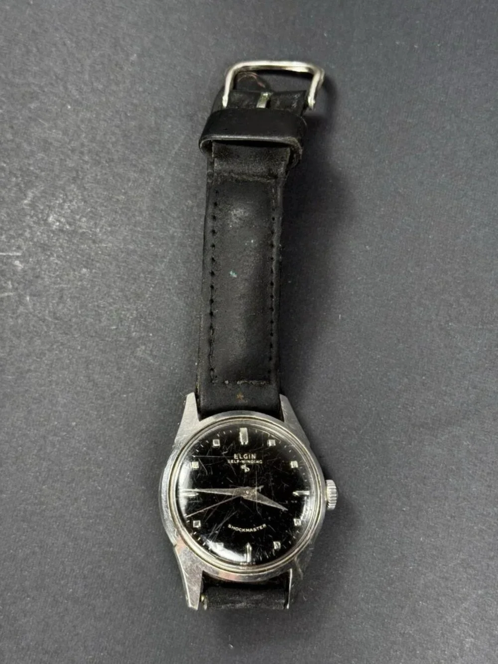 Vintage Elgin Shockmaster 643 Automatic 17J Swiss Black Dial Watch 30mm