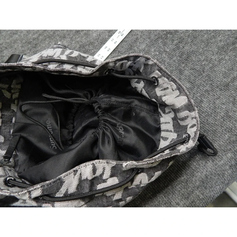 Supreme Fat Tip Jacquard Denim Backpack Black White Graffiti Logo Bag