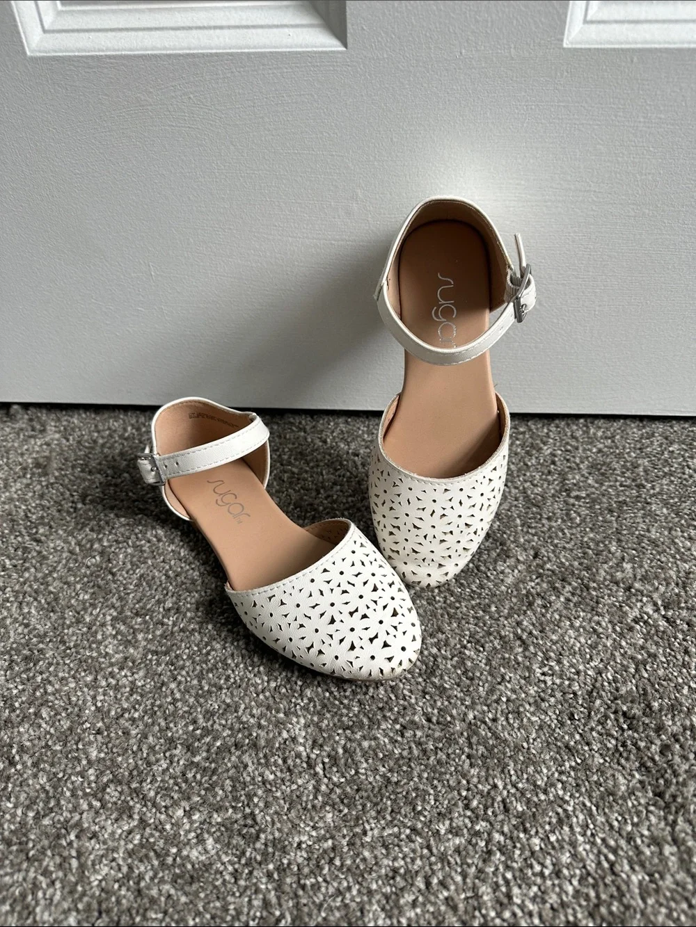Girl's White Perforated Ankle-Strap Flats