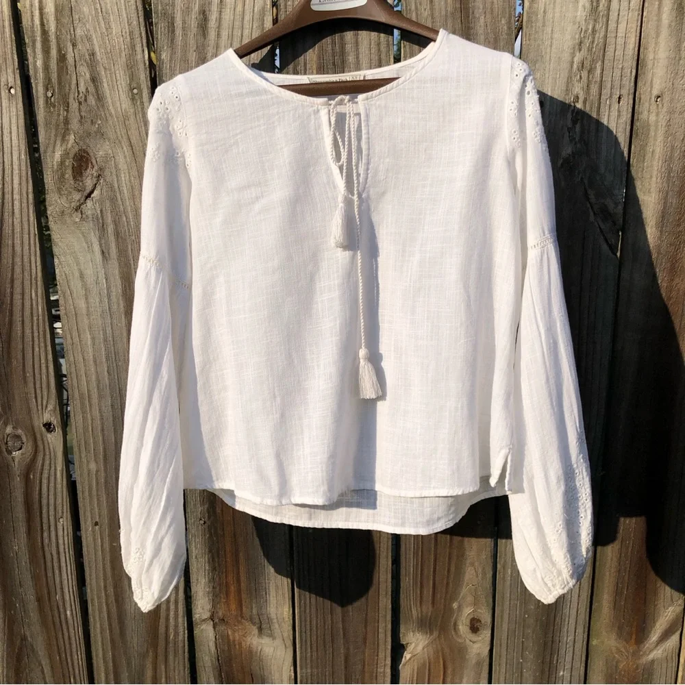 Abercrombie & Fitch Eyelet Long Balloon Puff Sleeve Tie Front Cotton Blouse XS