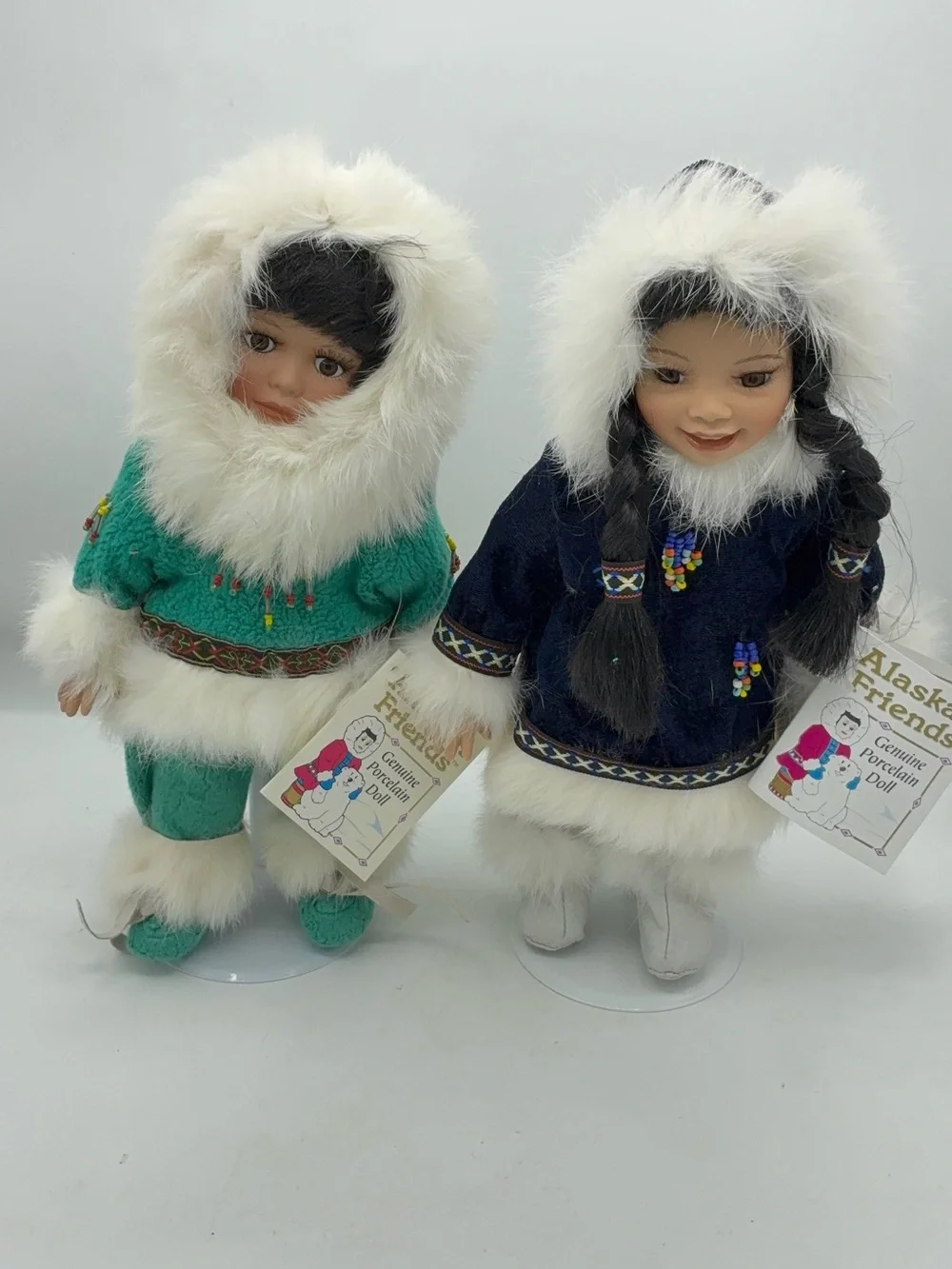 Set of 2 Porcelain Eskimo Dolls on Stand Alaskan Friends