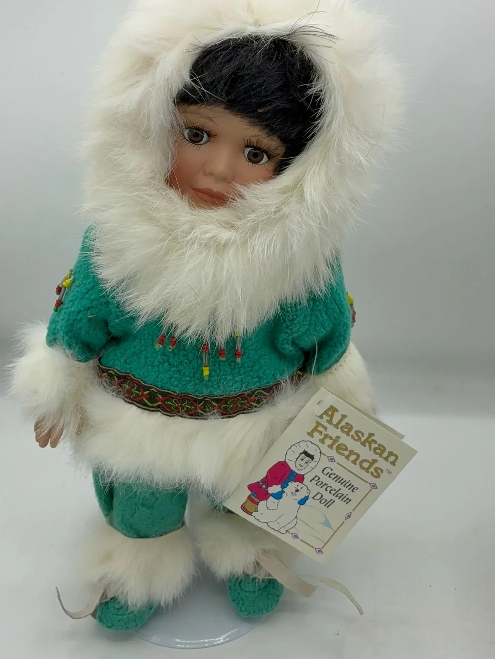 Set of 2 Porcelain Eskimo Dolls on Stand Alaskan Friends