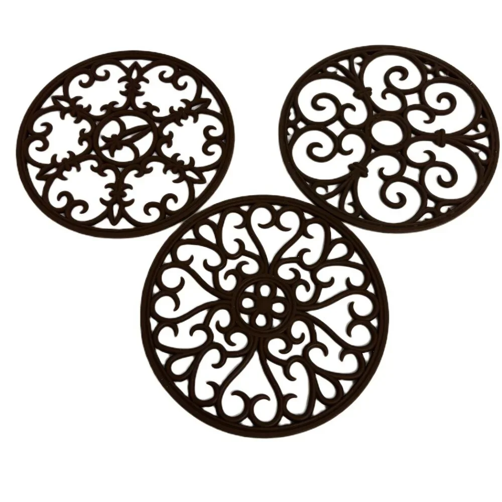 * Trivets Set of Three Silicone Mats Scroll Design Hot Pads Dark Brown