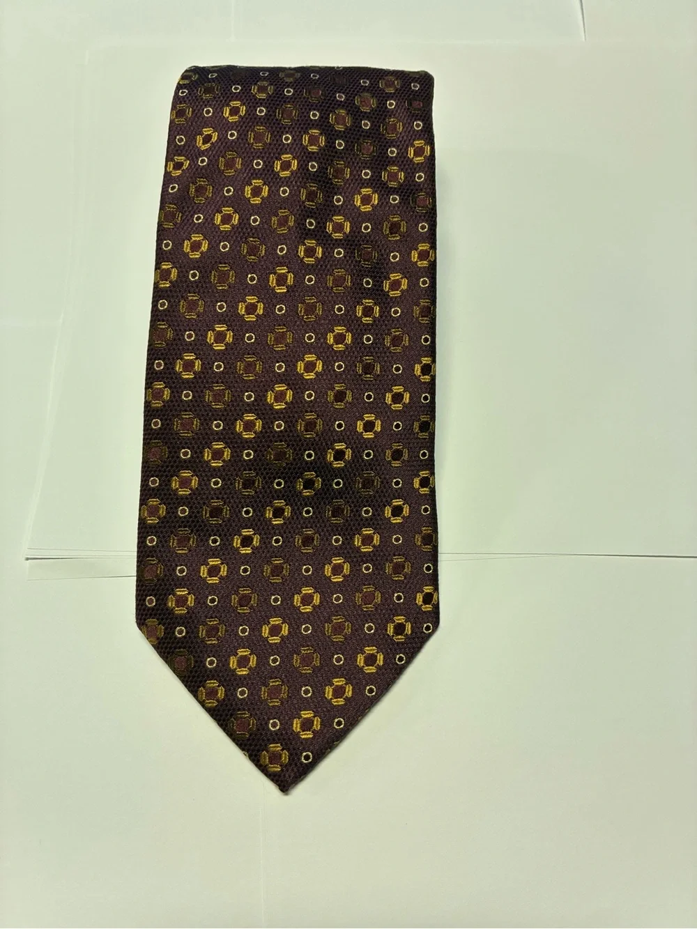 Canali Burgundy Tie with Gold Geometric Motif