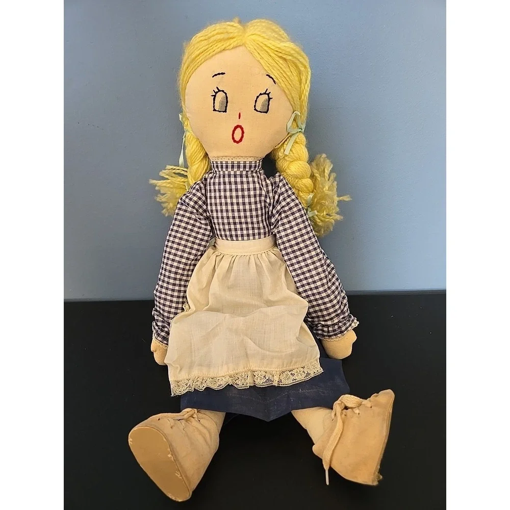 Vintage Handmade Cloth Doll‎ With Stitched Facial Features Blond Hair Apron