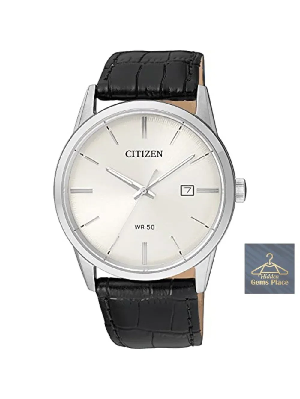 Men's Stainless Steel Quartz Watch with Croco-Embossed Leather Strap, 39mm