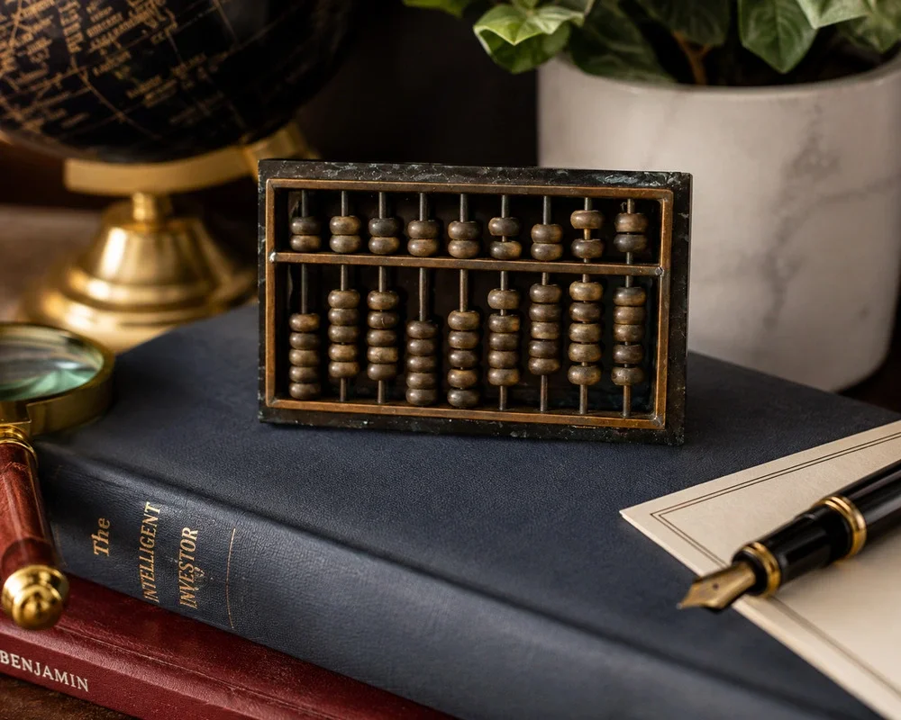 Vintage Mini Brass Chinese Abacus with Green Marble Base Paperweight Taiwan