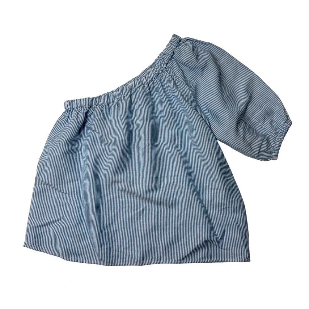 Loft Blue Stripe One Shoulder Top Medium Petite NWT Linen Blend Puff Sleeve