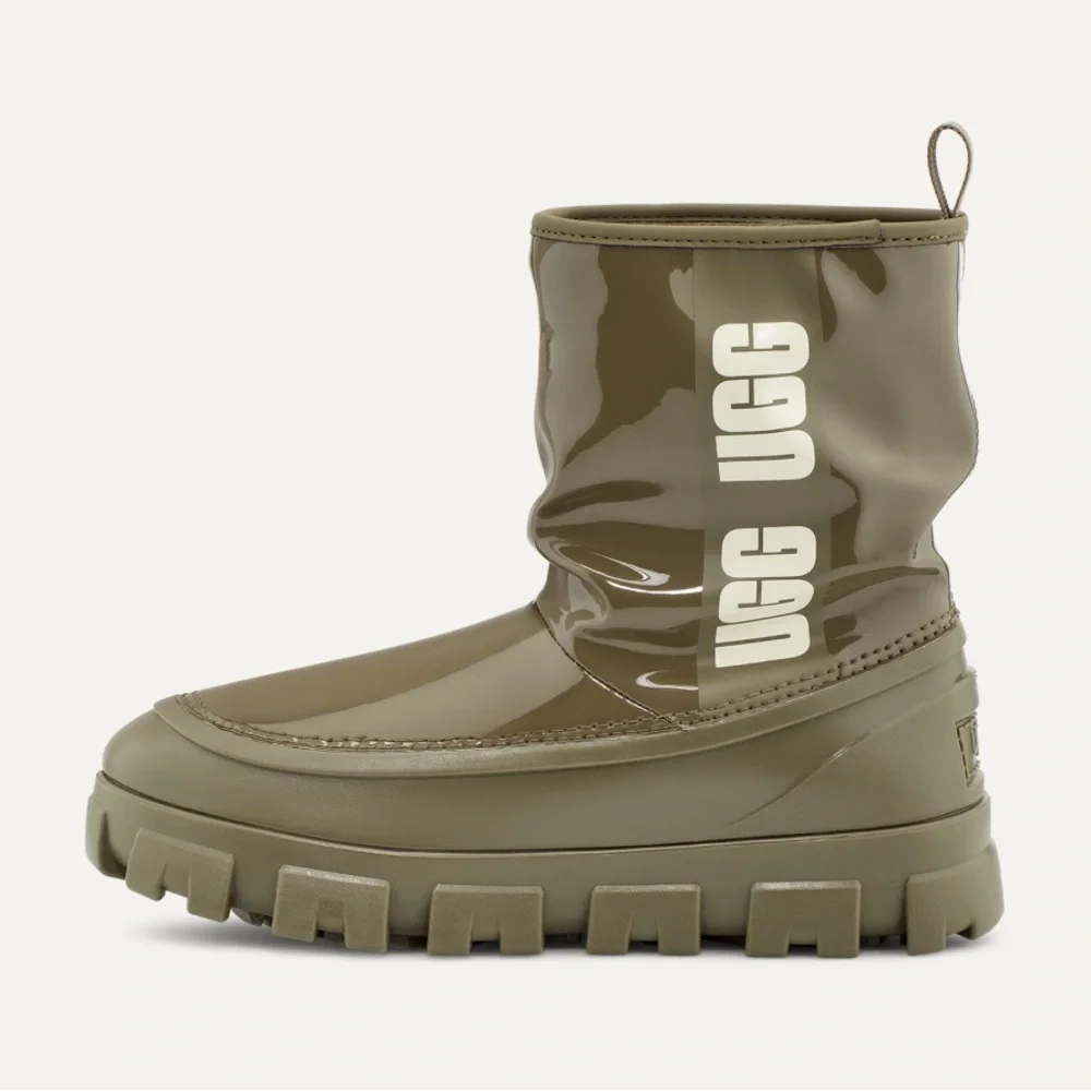 NWOB Ugg Classic Mini Rain Boots Waterproof Logo Wool Lined Army Green Size 7